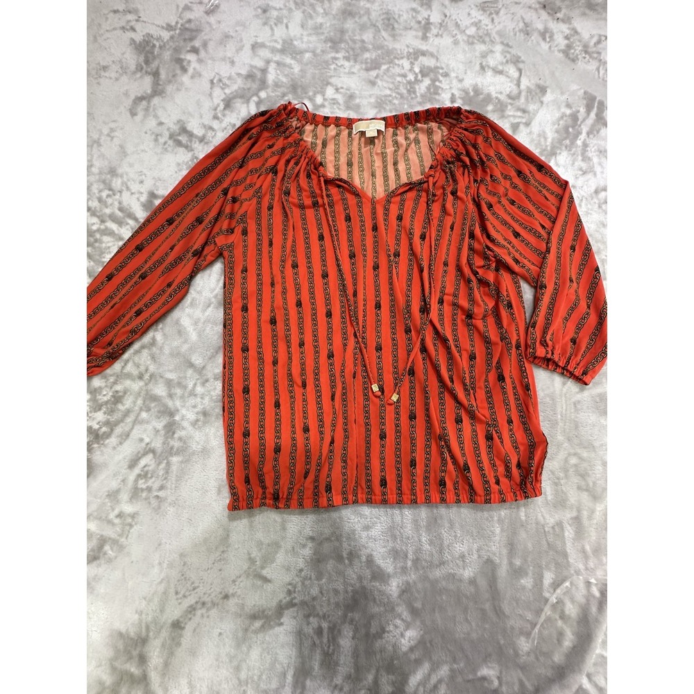 Michael Kors Shirt Women's Size Medium Orange With Gold Chain Print‎ 3/4 Sleeves
